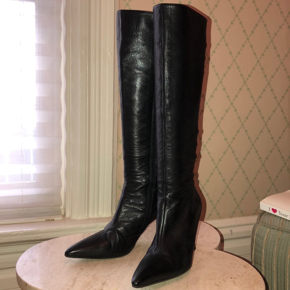 Manolo Blahnik leather knee high laced boots